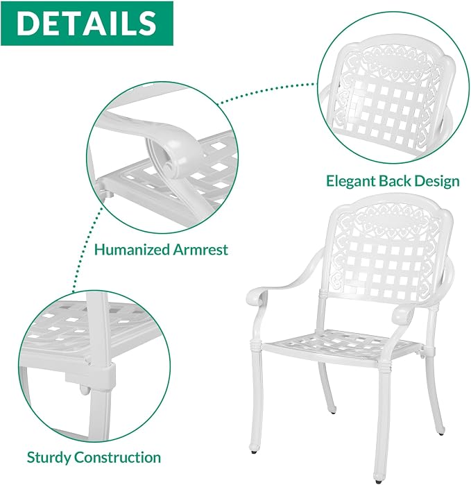 VIVIJASON 5-Piece Outdoor Patio Furniture Dining Set, All-Weather Cast Aluminum Conversation Set, Include 4 Chairs and 38.5" Round Table w/Umbrella Hole for Balcony, Lawn, Garden, Backyard, White