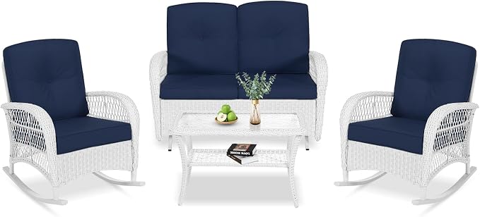 VIVIJASON 4-Piece Outdoor Patio White Wicker Conversation Sets, All Weather Outdoor Rattan Furniture Set Includes Glider Loveseat, Coffee Table, 2 Rocking Chairs with Cushions for Backyard, Navy Blue