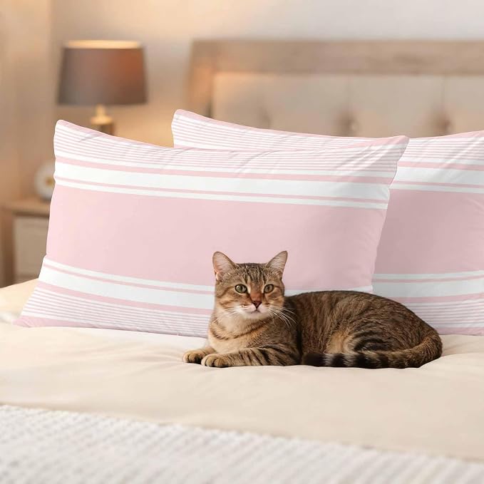 Outdoor Waterproof Throw Pillow Covers, Pink Striped Decorative Pillow Cases, Modern Color Block Farmhouse Stripes Couch Pillow Protector Patio Sofa Cushion Covers Replacement 20"x12" 2 Pack