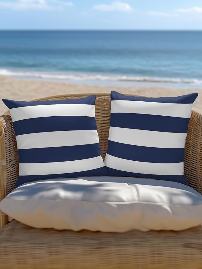 Waterproof Outdoor Pillow 1 Pack Navy Blue Stripe Decorative Throw Pillows Cover & Insert 16x16 Inch Pillowcase Simple Style Striped Square Pillows for Couch Sofa Bed Patio Furniture Indoor Outdoor