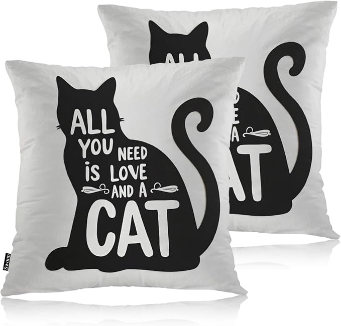 Swono Couch Pillow Cover Set of 2 Black Cat, All You Need is Love and A Cat Quote Decorative Throw Pillowcase Cushion Cover 18 X 18 Inch Throw Pillows Covers for Sofa Bedroom Car Living Room