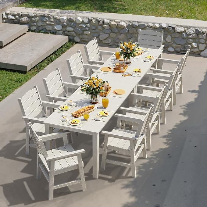YEFU HIPS Patio Dining Sets: 12-Piece Outdoor Table and Chairs with Umbrella Hole - All-Weather Modern Patio Dining Set for 10 Outside Furniture with Metal Aluminum Frame for Family with Deck White