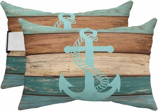Pack of 2 Outdoor Lumbar Cushions with Inserts, Retro Gradient Anchor Farm Wood Grain Waterproof Fluffy Fade Body Pillows, Patio Furniture Pillow for Home Balcony Garden Decor 12x20IN