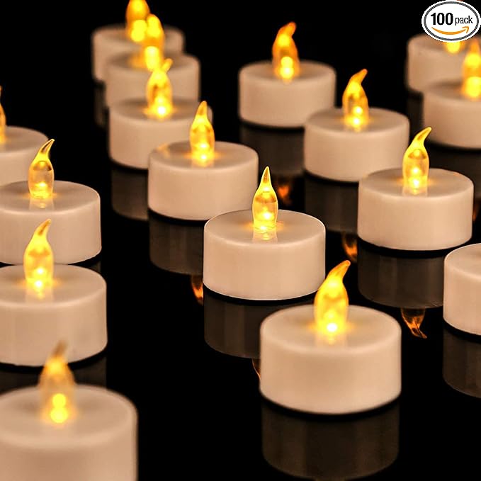 100Pack Battery Tea Lights candles- LED Tea Lights Realistic Bright Flickering Holiday Gift Operated Flameless LED Tea Light for Seasonal & Festival Celebration Warm Yellow Lamp Battery Powered