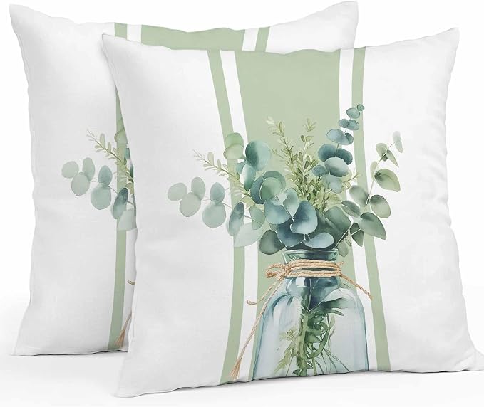Sage Green Eucalyptus Leaves Outdoor Pillow Covers 16x16 Inch Throw Pillow Covers Set of 2 Waterproof Decorative Pillow Cases Farmhouse Stripe Botanical Cushion Covers for Patio Furniture Garden Couch