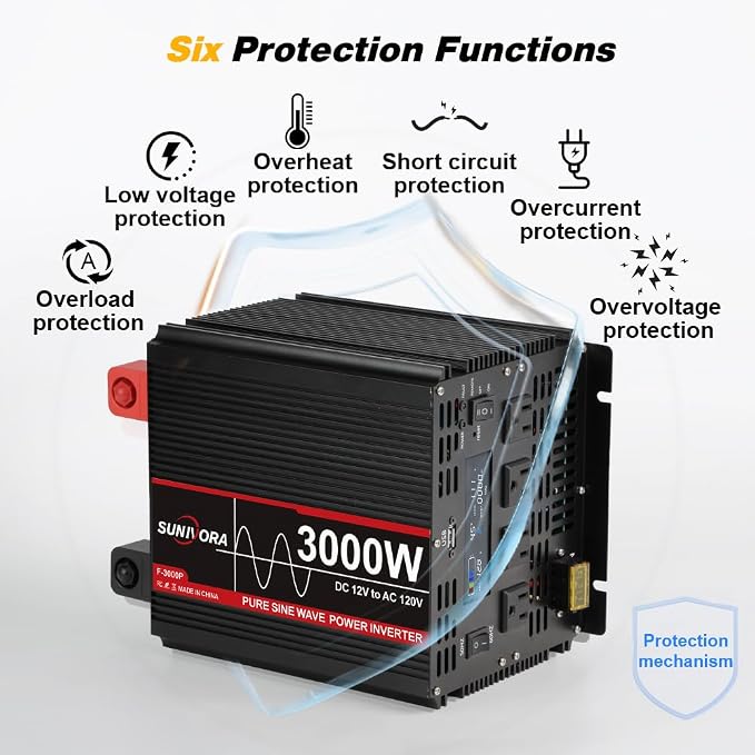 3000 Watt Pure Sine Wave Power Inverter, 12V DC to 110V/120V AC Converter 6000W Peak, with Remote Control LCD, 4 AC Outlets & USB Port & Hardwire Terminal, for Car Truck RV Camping Solar System EPS