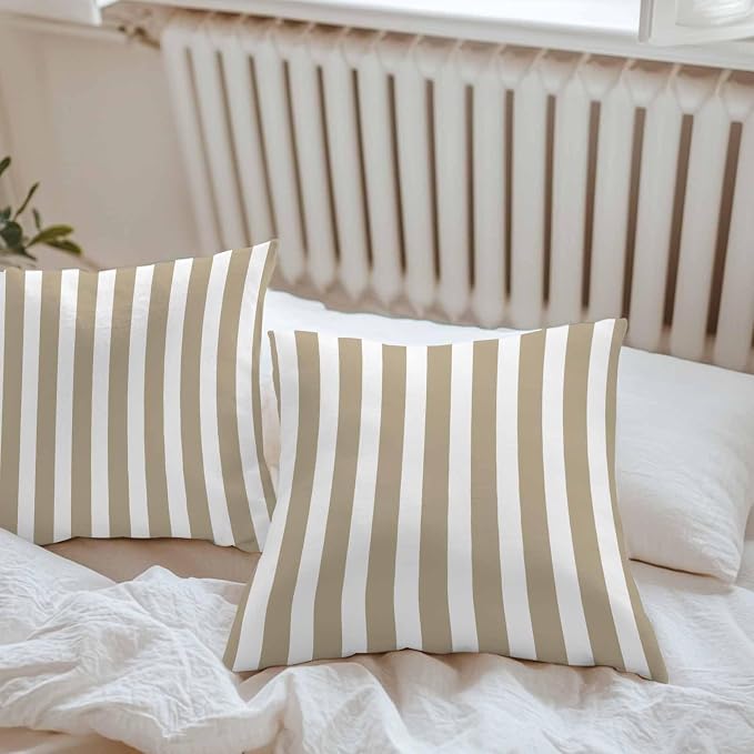 Beige Striped Outdoor Waterproof Throw Pillow Covers 16x16 Set of 2, Modern Farmhouse Beige White Stripes Decorative Pillowcases Cushion Pillowcase for Couch Sofa Patio Outside Pillow Protector