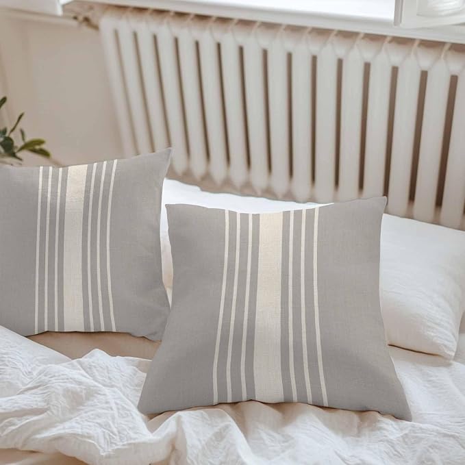 Vandarllin Outdoor Throw Pillows Covers 26x26 inch Set of 2 Waterproof Grey Vertical Stripes Decorative Zippered Cushion Covers for Patio Furniture, Classic Striped Linen Lumbar Pillowcases