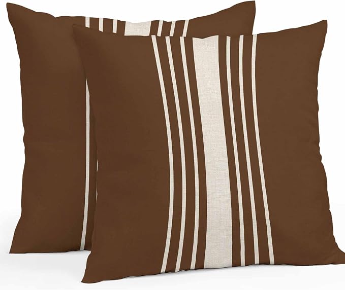 Vandarllin Outdoor Throw Pillows Covers 16x16 inch Set of 2 Waterproof Brown Vertical Stripes Decorative Zippered Cushion Covers for Patio Furniture, Classic Striped Linen Lumbar Pillowcases