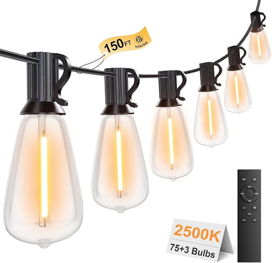 Outdoor String Lights 150FT 75+3 LED, Waterproof Dimmable Patio Lights | Remote Control, Shatterproof Edison ST38 Bulbs, Timer, Plug-In, Warm White Hanging Light for Garden Yard Porch Deck Decor