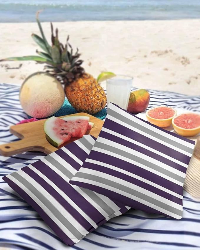Outdoor Waterproof Throw Pillow Covers Set of 2 Grey Purple Stripes Decorative Outdoor Pillows Cushion Case 18x18 Inch Classic Striped Patio Pillows for Couch Sofa Bed Garden Office Home Decor