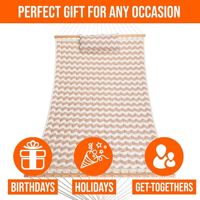 Castaway Living Large Beige Chevron Quilted Polyester Hammock – 11.5 ft. x 52 in., 350 lb Capacity, Pillow, Storage Bag, Extension Chains & Tree Hooks – Outdoor Comfort & Style