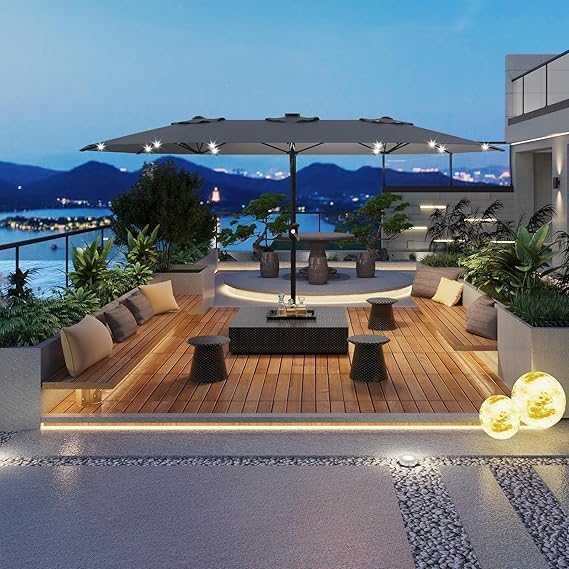 15FT Rectangular Patio Umbrella With Solar Lights & Base Included - Large Patio Umbrella With Crank Handle, UV Protection for Outdoor Market, Lawn, Backyard, Pool