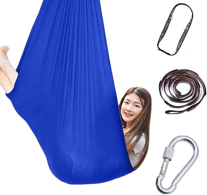 360° Rotating Elastic Aerial Yoga Hammock Outdoor Indoor Swings Aerial Yoga Sensory Therapy Cuddle Swing Soft Elastic Parcel Steady Seat Swing (Color : Lake Blue, Size : 100x280cm)