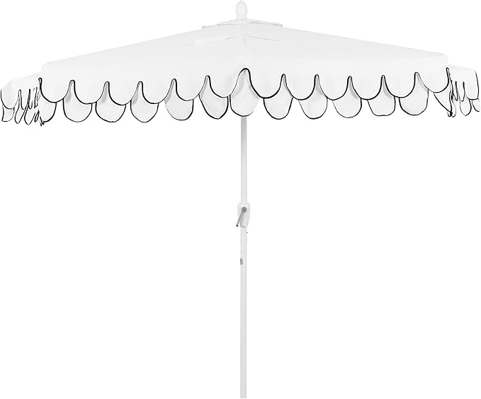 JONATHAN Y Terrace Scalloped 9 ft. Half Round Patio Umbrella with Crank Lift and Tilt, Coastal Semicircle Market Wall Umbrella for Balcony, White/Black, White Pole UMB1202D