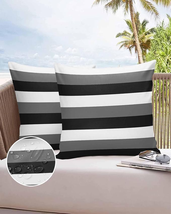 Pack of 2 Modern Stripes Outdoor Pillow Waterproof Covers 18x18 inch, Black Gray White Polyester Throw Pillow Covers Garden Cushion Decorative Case for Patio Couch Decoration