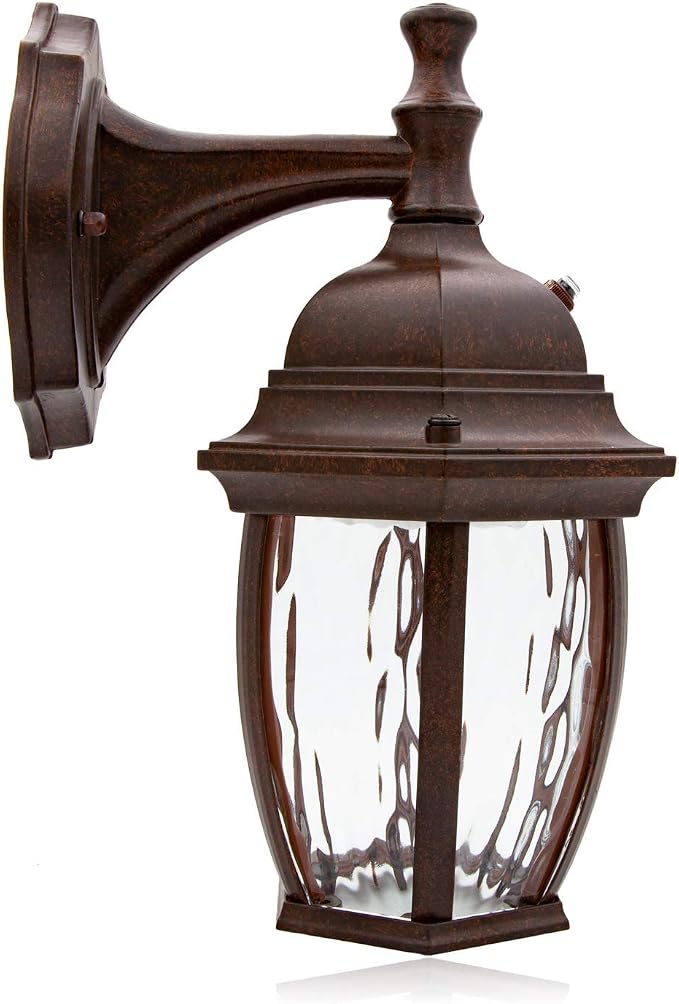 Maxxima LED Brown Outdoor Wall Light, 580 Lumens 3000K, Dusk to Dawn Sensor | Clear Water Glass, Warm White, Photocell Sensor, Exterior Patio or Porch Sconce Fixture
