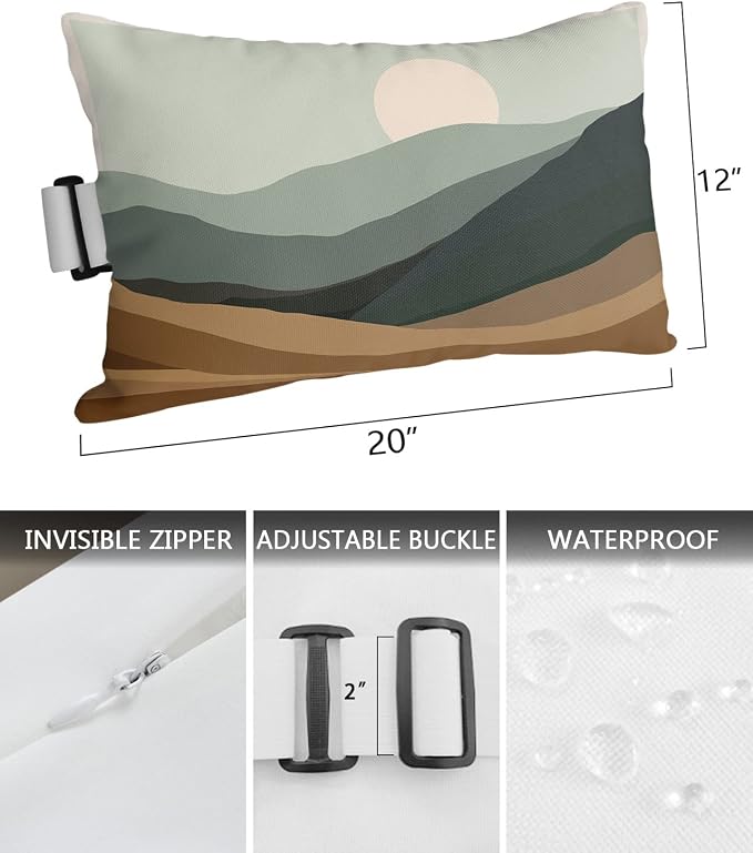 Indoor|Outdoor Waterproof Pillow Case Set of 2 - Windproof Pillow Covers with Adjustable Elastic Band Abstract Distant Mountain Sunset Landscape Pillowcase for Couch Cushion Patio Furniture 12x20 Inch