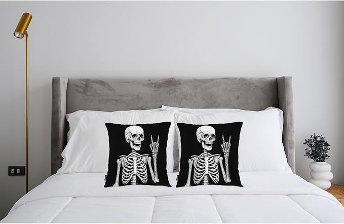 Swono Human Skeleton Throw Pillow Cases Pack of 2, Funny Human Skull Rock Music Square Cushion Covers Decor Pillow Covers for Couch Sofa Home Decoration 18 X 18 Inches Pillowcases, Black