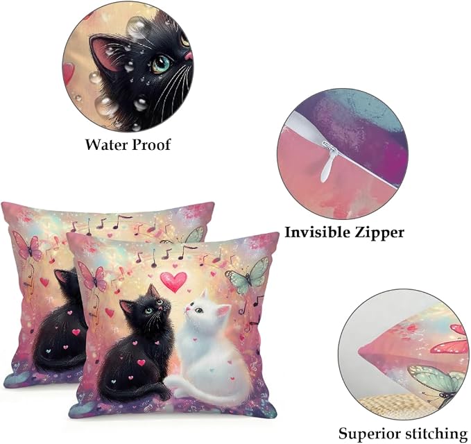 20x20 Inch Outdoor Pillow Covers Set of 2 Waterproof Throw Pillow Covers Decorative Couch Cushion Covers Cats Music Notes Square Pillowcases Protectors for Patio Garden Sofa