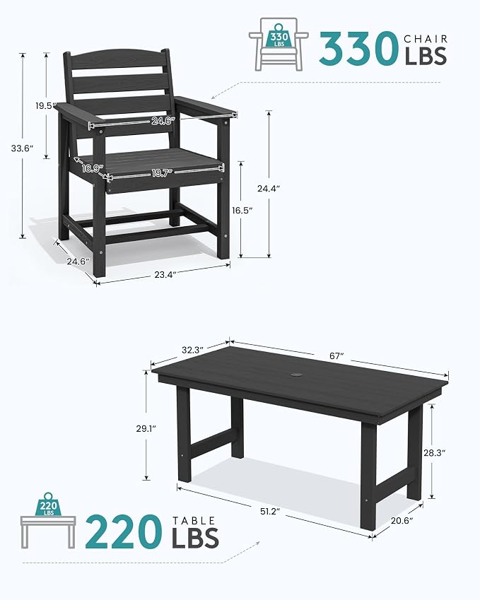 SERWALL 67" Rectangle Outdoor Dining Table for 6, Black | Patio Dining Table with an umbrella hole, HDPE Outdoor Dining Table which can holds up to 220LBS