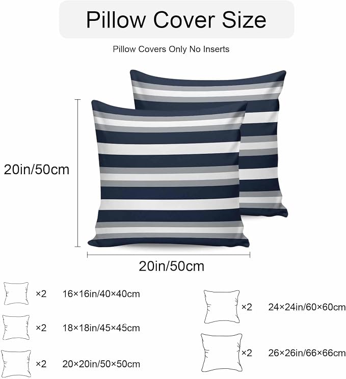 Navy Blue Grey Striped Outdoor Pillow Covers Waterproof, All Weather Cushion Case Set of 2, Farmhouse Stripes Minimalist Decorative Pillowcases for Sofa Couch Bed Decor Patio Furniture 16"x16"