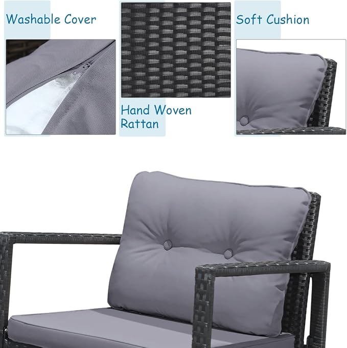 Tangkula 3 Pieces Patio Wicker Rocking Bistro Set, Outdoor Rocking Chair Furniture Set w/Cushioned Seat, Conversation Set w/Glass Coffee Table and Storage Shelf (Gray)