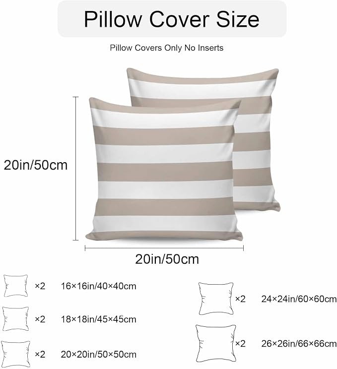 Outdoor Waterproof Throw Pillow Covers Set of 2 Khaki White Stripe Pillowcases 20x20 Inches Simple Style Striped Decorative Pillows Cushion Case Patio Pillows for Couch Bed Chair Garden