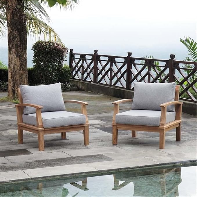 Modway EEI-1819-NAT-GRY-SET Marina Premium Grade A Teak Wood Outdoor Patio Armchairs-Set of 2, Natural Gray