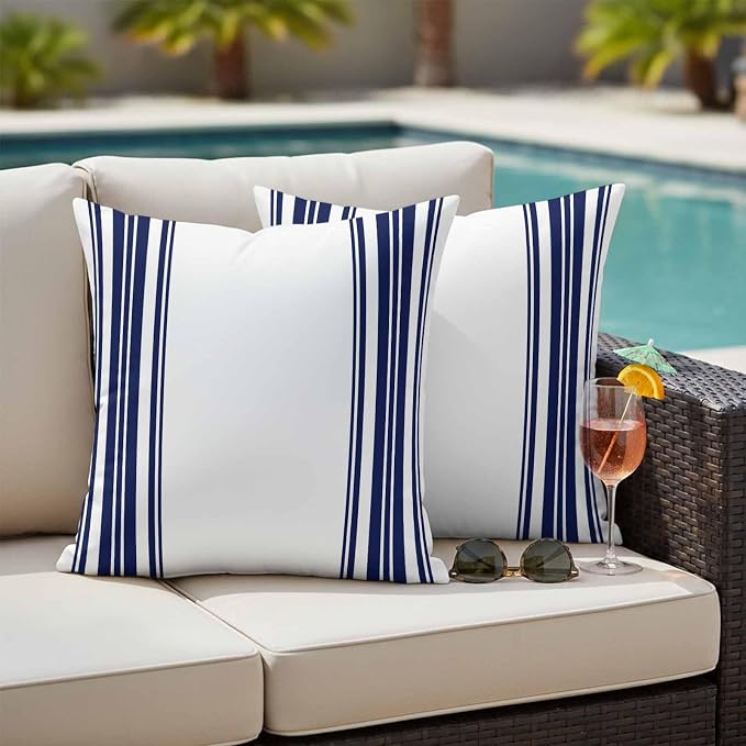 Outdoor Waterproof Throw Pillow Covers Set of 2 Navy Blue Stripes Pillowcases 24x24 Inches White Vertical Striped Decorative Pillows Cushion Case Patio Pillows for Couch Bed Chair Garden
