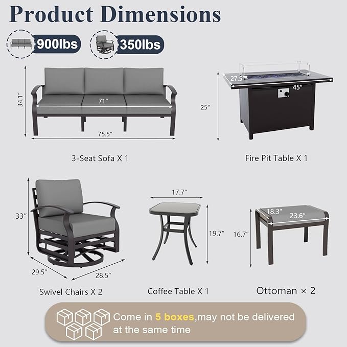 ALAULM Aluminum Patio Furniture Set with Propane Fire Pit Table 7-seat Metal Outdoor Furniture w/Swivel Chairs Patio Sectional Sofas w/2 Ottomans for Porch, Backyard, Poolside-Grey