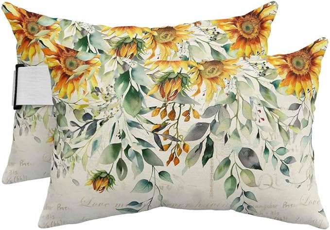 Lumbar Pillow Covers Set of 4, Sunflowers Waterproof Outdoor Chaise Lounge Pillow Covers with Elastic Strap, Spring Floral Eucalyptus Leaves Summer Botanical Headrest Pillowcase for Patio, 11 x 16