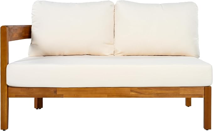 Acacia Wood L-shaped Outdoor Corner Sofa, Patio Conversation Furniture Set With 6 Soft Seat Cushions and Backpack , All Weather Outdoor Patio Sofa with Arc frame for Backyard, Garden (White-3.20)