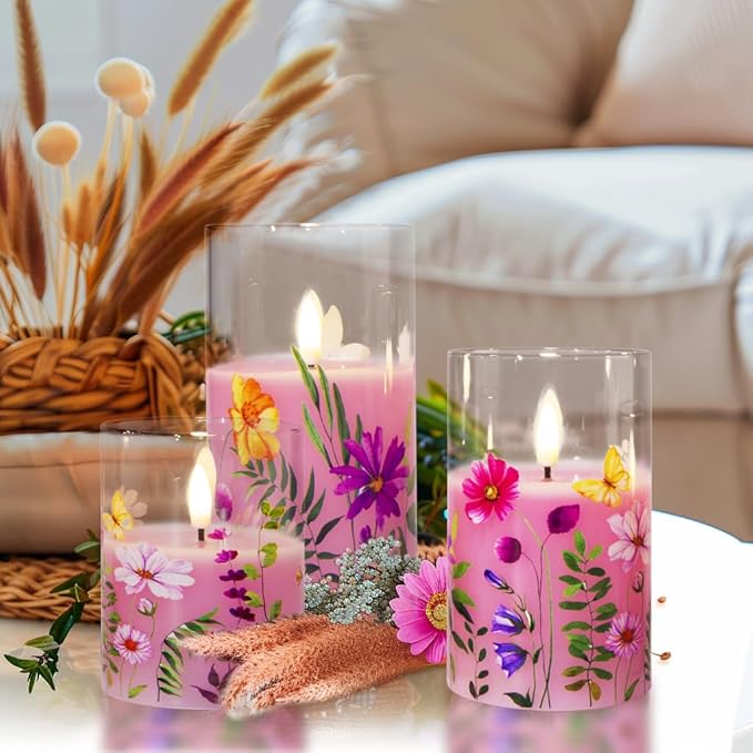 Eywamage Pink Floral Glass Flameless Candles with Remote, Flickering Spring LED Pillar Candles Battery Operated Home Decor Set of 3