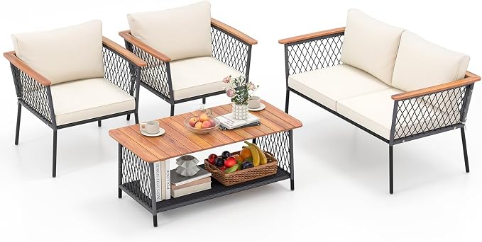 Tangkula 4 Piece Patio Furniture Set, Patiojoy Rattan Chair Set w/ 2-Tier Coffee Table, Acacia Wood Armrests & Tabletop, Soft Seat & Back Cushions, Outdoor Wicker Conversation Set