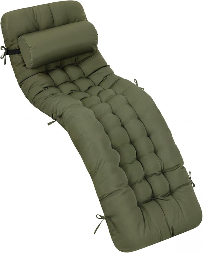 Tudomro Outdoor Chaise Lounge Cushion 66x21x4'' Waterproof & Fade-Resistant Patio Pool Chaise Lounge Cushion Headrest Pillow Tie Replacement Rocking High Back Chair(Olive Green,1 Pcs)
