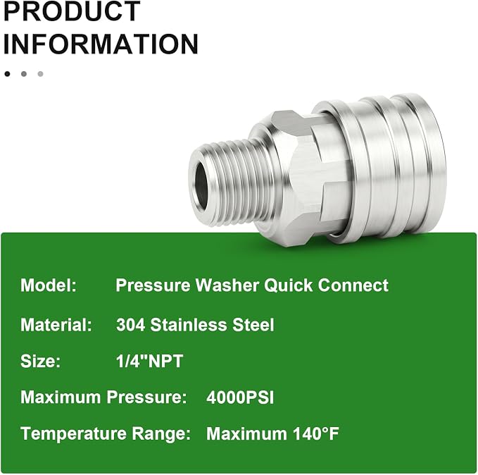 TAISHER 4PCS 304 Stainless Steel 1/4" Male NPT High Pressure Washer Quick Connect Coupler for Pressure Washing Gun Hose Accessories