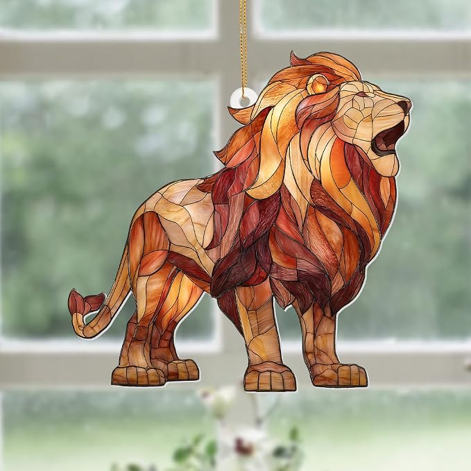 Lion Stained Glass Ornament Acrylic Window Hanging Sun Catcher – Wildlife Animal Decor for Christmas Tree, Rearview Mirror, Home & Car Accessories, Safari Gifts for Men Women, Symbol of StrengthSun-26