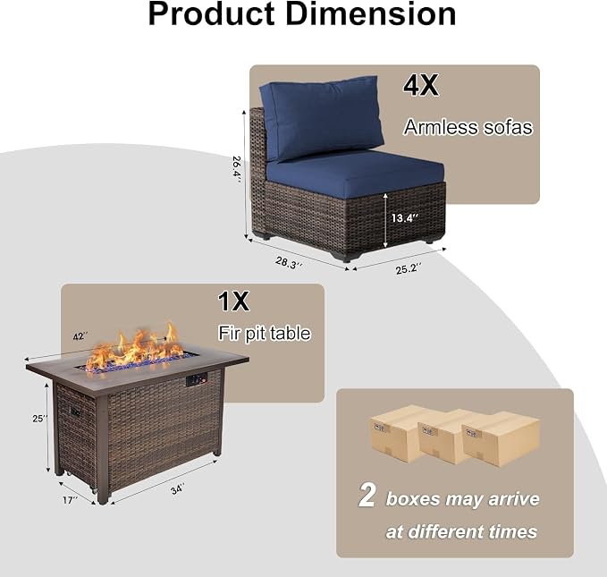 5 Pieces Patio Furniture Set with 44" Fire Pit Table, Rattan Outdoor Sectional Conversation Sets, All Weather Outdoor Furniture Set with Cushions for Garden Lawn Balcony Porch Deck Blue
