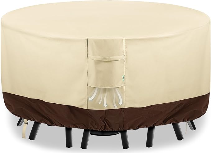 Round Patio Furniture Covers, 110" DIA x 28 H Waterproof Outdoor Furniture Cover for Patio Table & Chair Sets, 600D Heavy-duty UV-Resistant Fade-Proof Protection, Beige & Brown