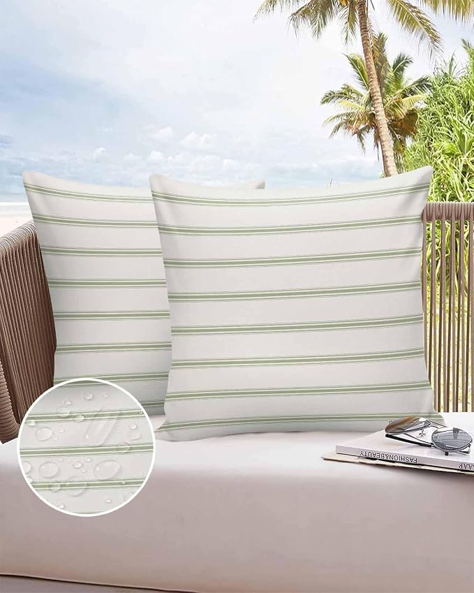Vandarllin Outdoor Throw Pillows Covers 26x26 inch Set of 2 Waterproof Sage Green Stripes Decorative Zippered Cushion Covers for Patio Furniture, Abstract Lines Striped Lumbar Pillowcases