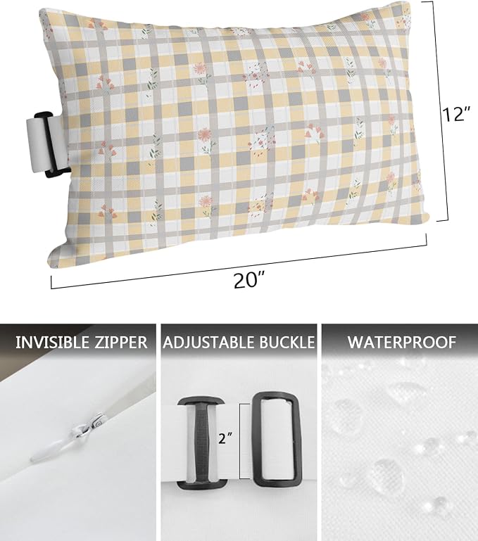 Outdoor Pillows Covers with Inserts Yellow Gray Plaid Plants Flower Pattern Waterproof Recliner Pillow with Adjustable Strap Throw Pillows for Patio Furniture Pool Lounge Chair, 12x20 inch, 1PCS