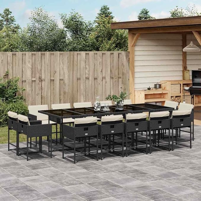 15 Piece Outdoor Patio Dining Set with Cushions Black Poly Rattan for Garden Backyard Relaxation Folding Chairs Tempered Glass Table UV-Proof