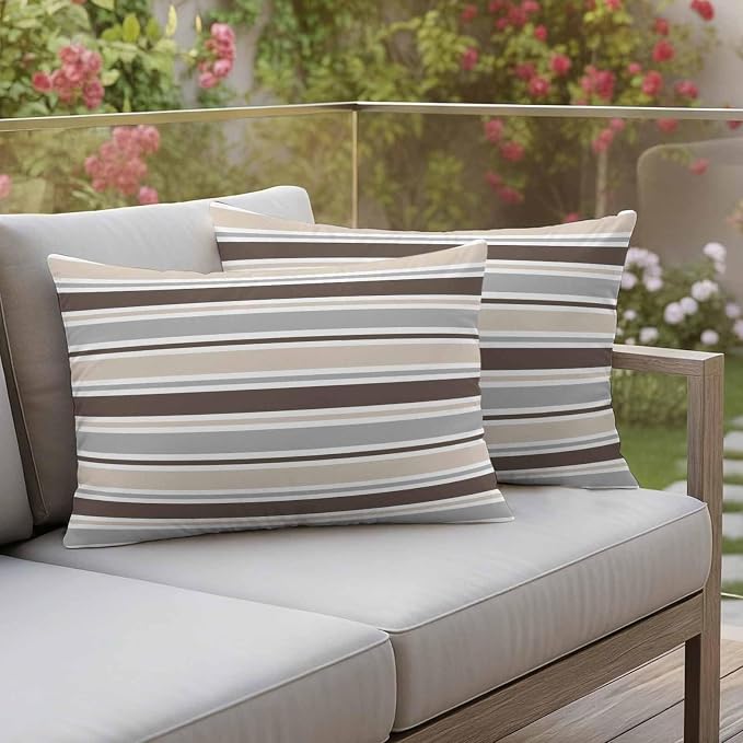 Khaki Grey Striped Outdoor Pillow Cover 12x20 Inch Cushion Sham Case, Farmhouse Stripes Modern Abstract Art Waterproof Decorative Square Throw Pillowcase for Outside Garden Patio Porch Couch Chair