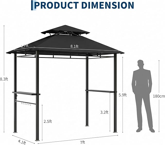 Garvee 8' x 5' Outdoor BBQ Grill Gazebo, Double-Tiered Vented Patio Canopy Tent with 2 Side Shelves for Cooking and Outdoor Entertaining