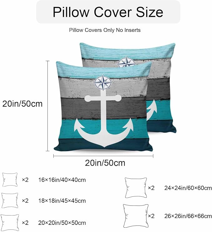 Outdoor Waterproof Throw Pillow Cover White Compass Anchor Nautical Theme Decorative Pillows Cushion Covers Teal Grey Wooden Plank 2 Pack Pillow Cases for Patio Garden Balcony Couch Sofa 16x16In