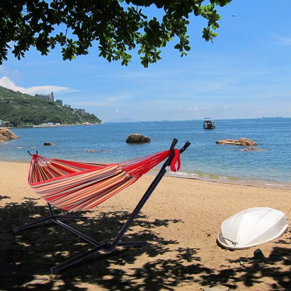 Double Hammock with Steel Stand for Outside,Portable Space Saving Heavy-Duty Steel Frame Hammock w/Portable Carrying Bag for Indoor Outdoor Patio Yard Camping,Easy Assembly,600 lbs Capacity (Red)