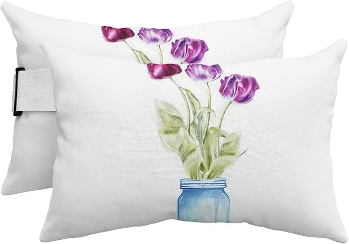 Outdoor Pillows Covers with Inserts Hand Drawn Watercolor Purple Flowers on Blue Vase Waterproof Pillow with Adjustable Strap Throw Pillows for Patio Furniture Recliner Lounge Chair, 11x16 inch, 2PCS