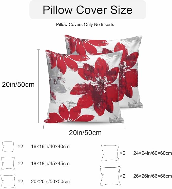 Vandarllin Outdoor Throw Pillows Covers 24x24 inch Set of 2 Waterproof Red Sunflower Decorative Zippered Cushion Covers for Patio Furniture, Flower Field Lumbar Pillowcases