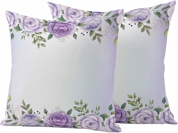 Outdoor Waterproof Throw Pillow Covers Set of 2 Purple Rose Flower Pillowcases 18x18 Inches Watercolor Floral Green Leaves Decorative Pillows Cushion Case Patio Pillows for Couch Bed Chair Garden